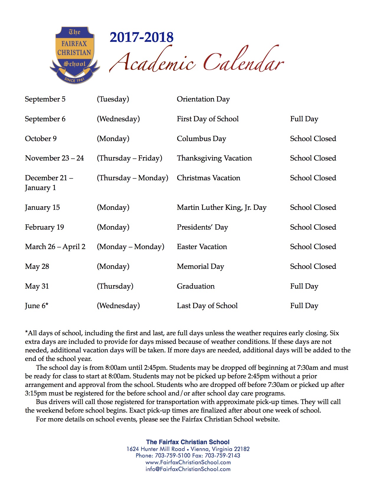 FCS 17-18 Academic Calendar